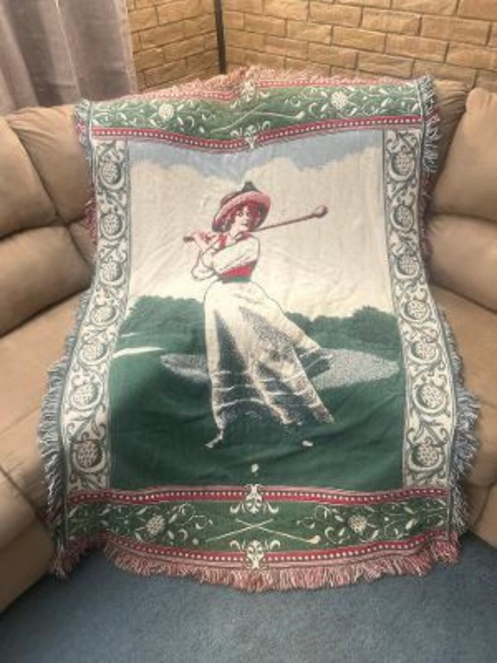 Victorian Woman Golfer Golfing Themed 100% Cotton Woven Tapestry Throw Fringe